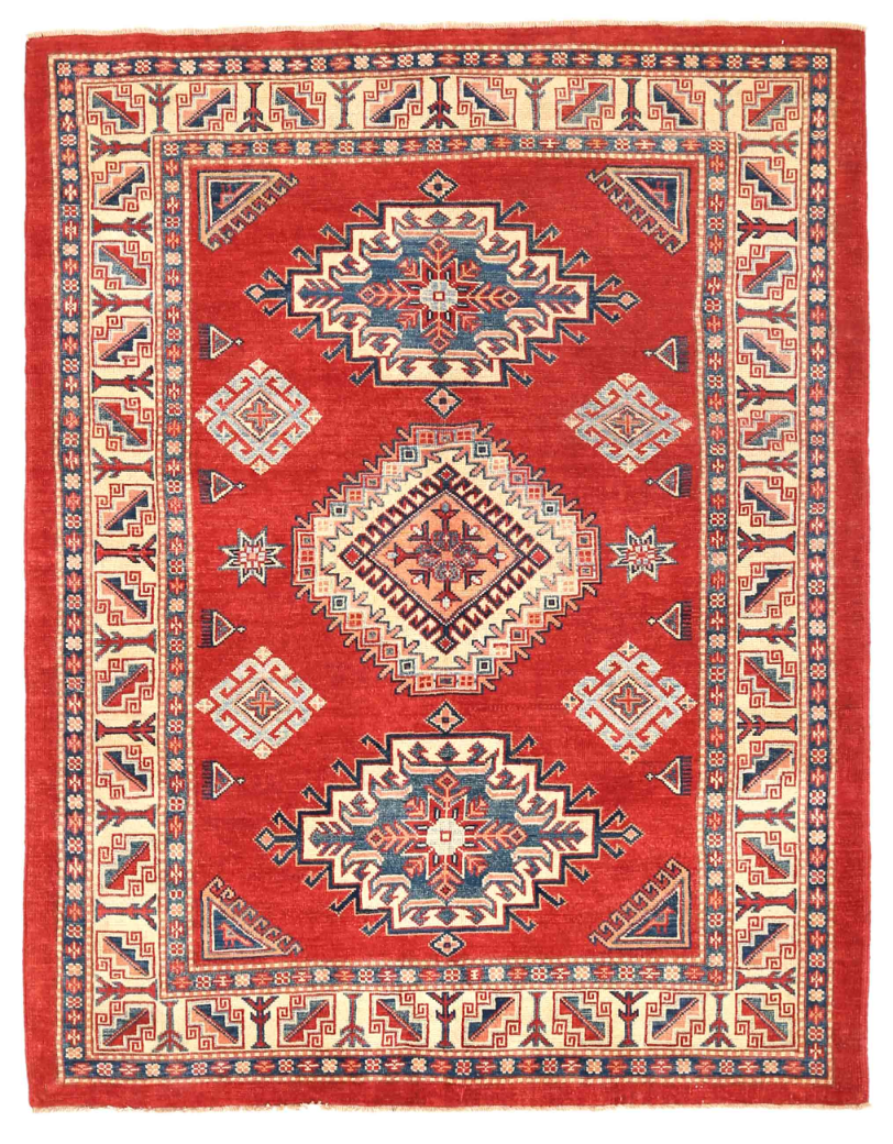 Kazak Hand Knotted Wool Rug 5' 0" x 6' 6" 5' 0" X 6' 6" (152 X 198) / Red / Wool