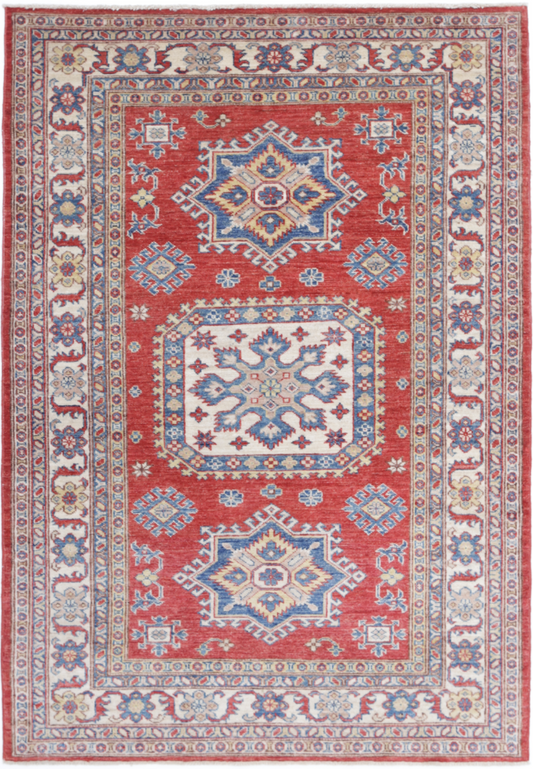 Kazak Hand Knotted Wool Rug 4' 0" x 5' 10" 4' 0" X 5' 10" (122 X 178) / Red / Wool