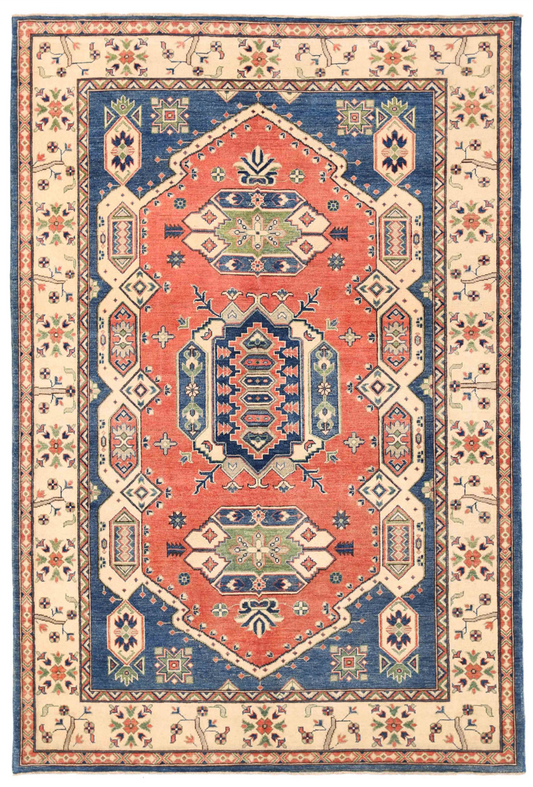 Kazak Hand Knotted Wool Rug 6' 0" x 9' 1" 6' 0" X 9' 1" (183 X 277) / Blue / Wool