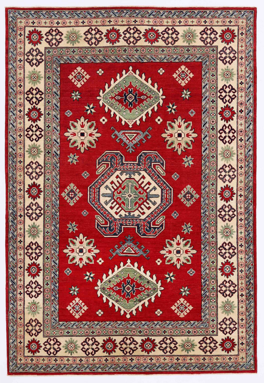 Kazak Hand Knotted Wool Rug 6' 0" x 8' 10" 6' 0" X 8' 10" (183 X 269) / Red / Wool