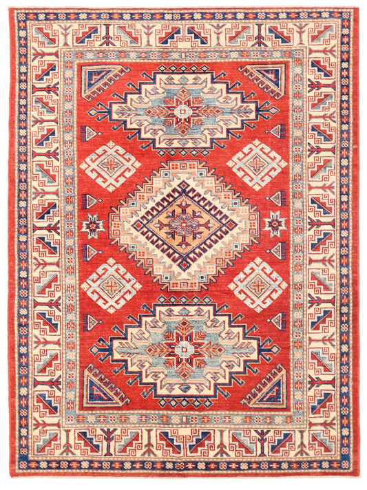 Kazak Hand Knotted Wool Rug 4' 10" x 6' 7" 4' 10" X 6' 7" (147 X 201) / Red / Wool