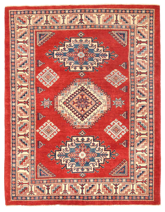 Kazak Hand Knotted Wool Rug 5' 0" x 6' 6" 5' 0" X 6' 6" (152 X 198) / Red / Wool