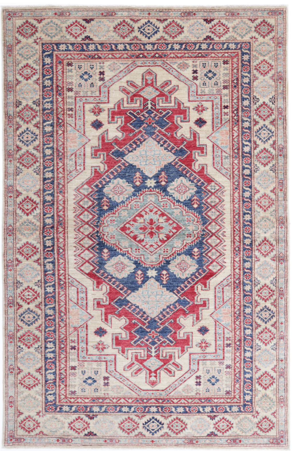 Kazak Hand Knotted Wool Rug 4' 0" x 6' 2" 4' 0" X 6' 2" (122 X 188) / Ivory / Wool