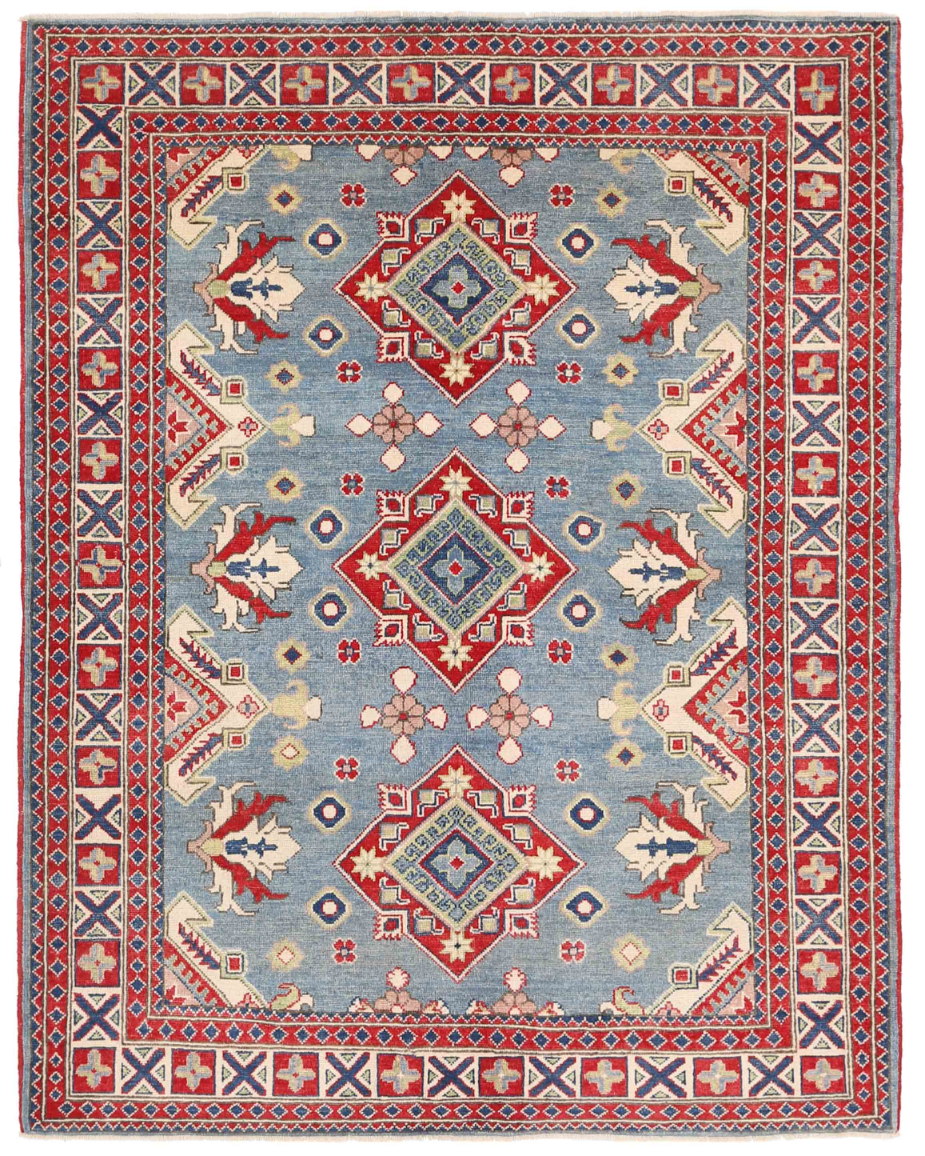 Kazak Hand Knotted Wool Rug 5' 2" x 6' 8" 5' 2" X 6' 8" (157 X 203) / Blue / Wool