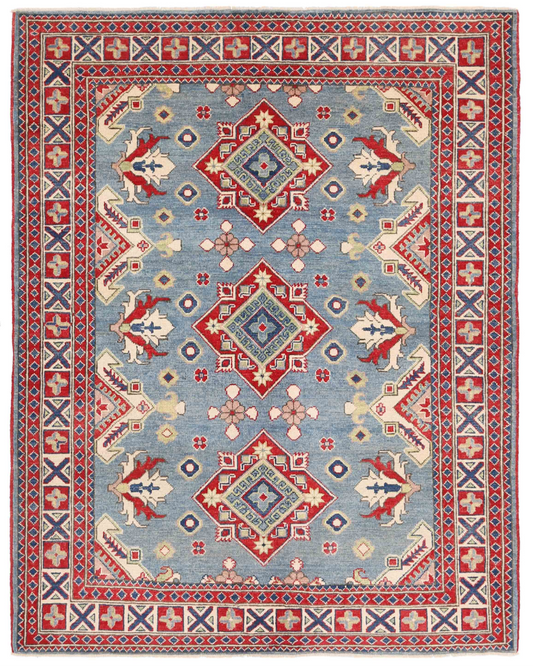 Kazak Hand Knotted Wool Rug 5' 2" x 6' 8" 5' 2" X 6' 8" (157 X 203) / Blue / Wool