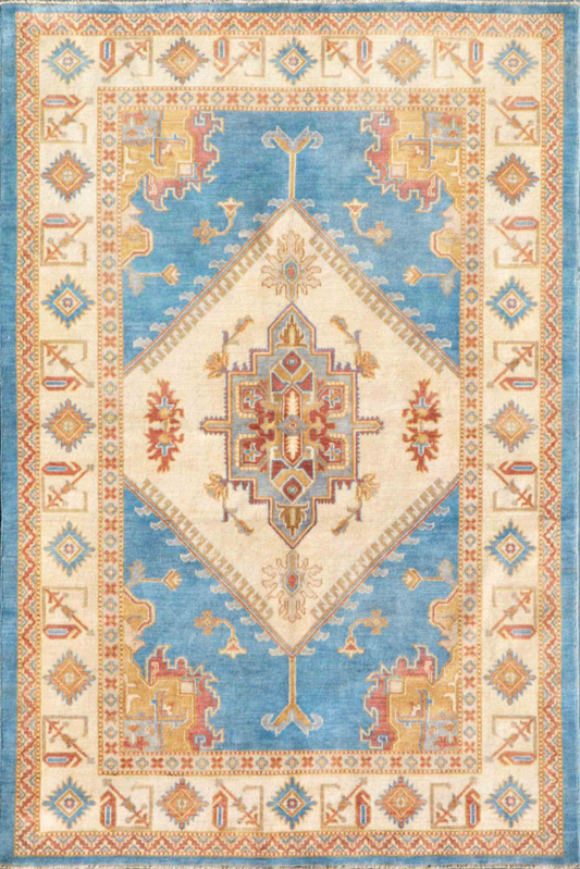 Kazak Hand Knotted Wool Rug 5' 10" x 8' 8" 5' 10" X 8' 8" (178 X 264) / Blue / Wool